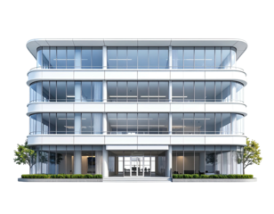 Modern, white three-story building with curved edges and many glass windows