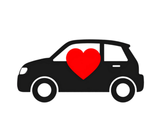Black silhouette of a car with heart shape inside, romantic theme, transparent background 