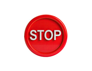A glossy red stop sign with white letters on a black background
