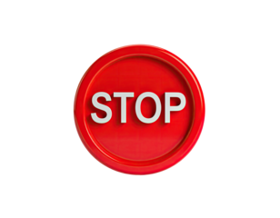 A glossy red stop sign with white letters on a black background