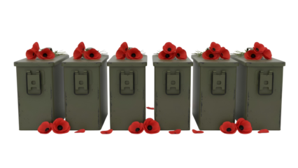 Row of military green boxes decorated with red poppy flowers
