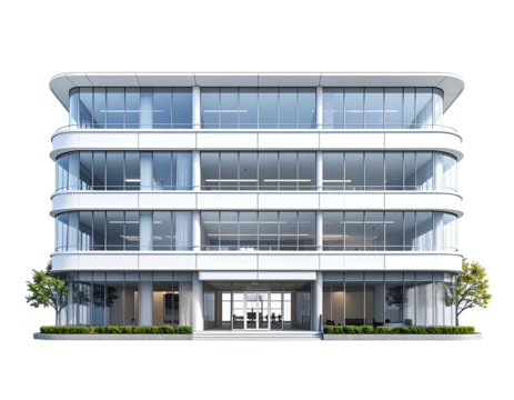 Modern, white three-story building with curved edges and many glass windows