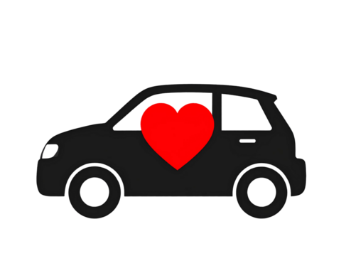 Black silhouette of a car with heart shape inside, romantic theme, transparent background
