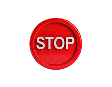 A glossy red stop sign with white letters on a black background