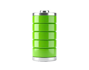 Green, cylindrical battery showing full charge level against a stark black background