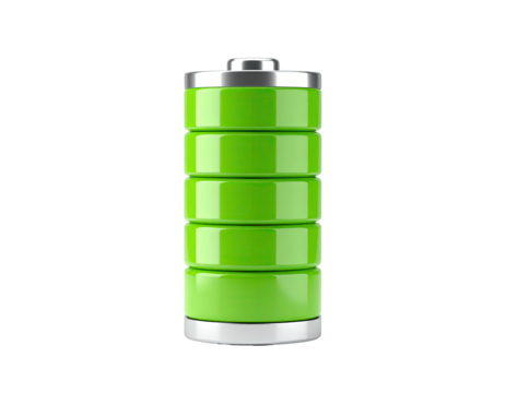 Green, cylindrical battery showing full charge level against a stark black background