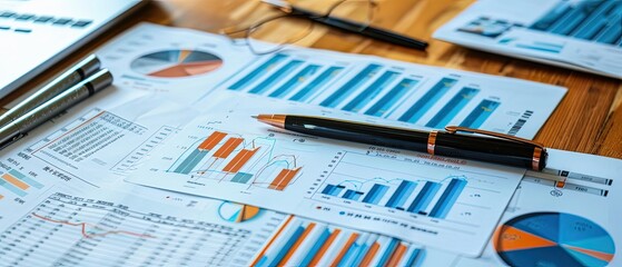 Top view of business financial reports with bar charts, pie graphs, and line analytics on a wooden desk. Laptop, notebook, glasses, and coffee cup in office setting. Concept of finance, data analysis.