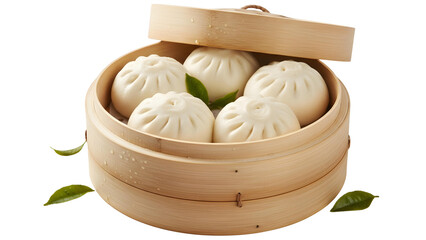 Bamboo steamer filled with hot, fluffy bao buns and leaves
