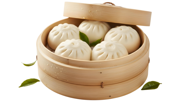 Bamboo steamer filled with hot, fluffy bao buns and leaves
