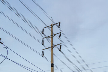 Power line infrastructure urban area clear sky aerial view energy transmission system