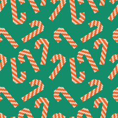 Zigzag Candy Cane Seamless Pattern on Green Background Vector. Ideal for Christmas themed designs, wrapping paper, or seasonal decorations.