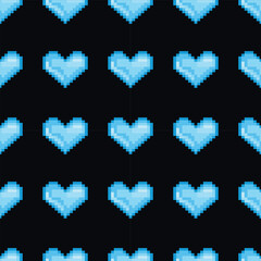 Pixel Art Blue Heart Seamless Pattern Vector Illustration. Nostalgic digital aesthetic ideal for creative projects and backgrounds.