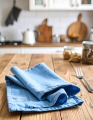 Folded light-blue napkin on a wooden table in a kitchen