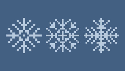 Snowflake Pixel Vector Illustration on Blue Background.  Ideal for winter themed digital art, retro designs, and seasonal projects.