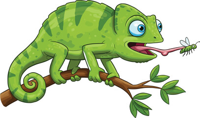  Cartoon green chameleon catching insect with long tongue, funny reptile on tree branch, vector illustration of jungle animal eating bug wildlife