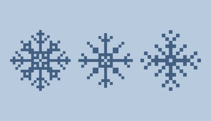 Pixel art geometric snowflakes arranged in a row. This vector illustration features blue snowflake designs on a light background, perfect for winter themed projects and designs.