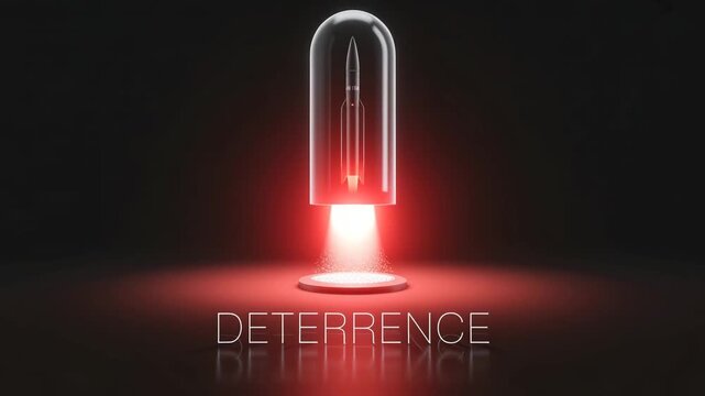 Deterrence and Design: A striking artistic representation, a pen, encased in a glass dome, emanates a vibrant, warm red glow. The image evokes a sense of protection and strategic importance. 