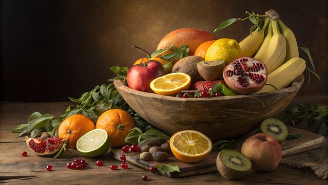Assortment of fresh fruits in a rustic wooden bowl - Powered by Adobe