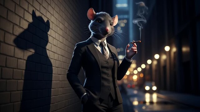Mysterious Rat in Suit Smoking Cigar in Dark Alley at Night.