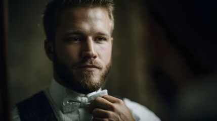 A man with a beard adjusts his white bow tie preparing for a formal occasion indoors