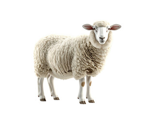 A fluffy white sheep stands against a black background, facing the viewer