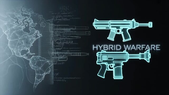 Hybrid Warfare Blueprint: This image unveils the concept of hybrid warfare with the futuristic design and a global perspective. The design features tactical weapons with world map background.