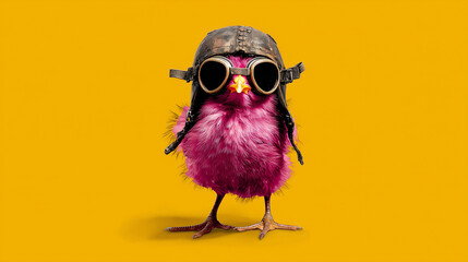 A pink chick wearing vintage aviator goggles and a pilot cap stands against a flat background, embodying a bold spirit of adventure and self-expression