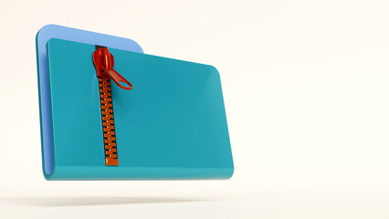 3D rendering of folder and file icon with zipper, desktop icons pack element, archived directory sign, compressed files for website, banner, software, application design