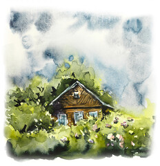 Russian Village Set. Watercolor Sketches/ Hand drawn illustration.