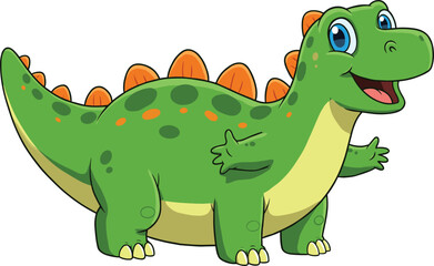  Cute green dinosaur cartoon character smiling happily, adorable prehistoric animal illustration for kids, funny jurassic reptile vector design isolated on white background