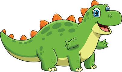  Cute green dinosaur cartoon illustration with orange spikes, happy prehistoric animal character, funny reptile, adorable jurassic creature for kids vector design