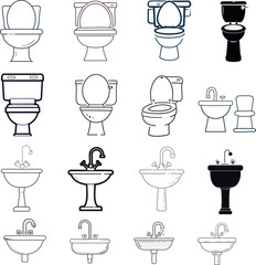Restroom and WC Icon Sheet
Simple restroom icons with toilet, sink figures in vector style.