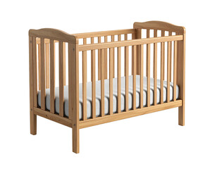 Wooden baby crib with mattress, front view, isolated on black background