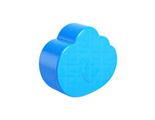 A glossy, blue, stylized cloud, slightly angled, floats on a black background