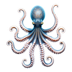 Blue Octopus with Glossy Tentacles, 3D Realism Illustration on Transparent Background