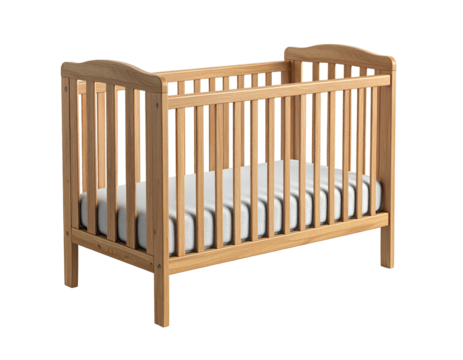 Wooden baby crib with mattress, front view, isolated on black background