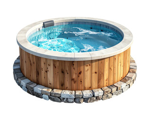 Circular hot tub with wooden exterior, stone base, and rippling water