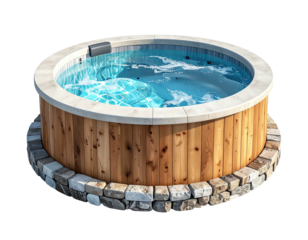Circular hot tub with wooden exterior, stone base, and rippling water