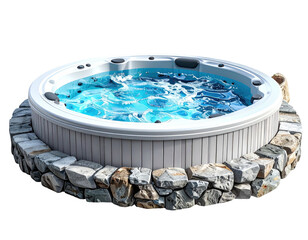A round, bubbling hot tub with a stone base, water flowing, and jets on