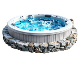 A round, bubbling hot tub with a stone base, water flowing, and jets on