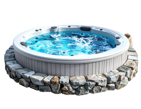 A round, bubbling hot tub with a stone base, water flowing, and jets on