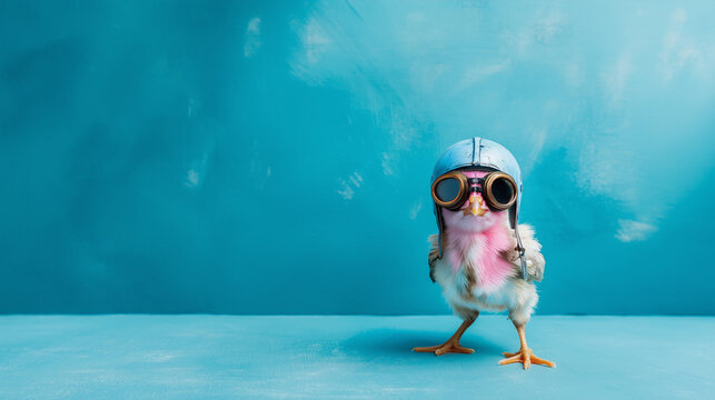 A pink chick wearing vintage aviator goggles and a pilot cap stands against a flat background, embodying a bold spirit of adventure and self-expression