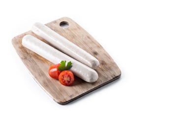 Raw Bratwurst sausages isolated on white background. Copy space