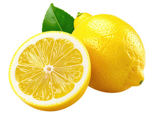 Bright yellow citrus fruit, one sliced, with green leaves, isolated on black