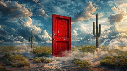 Surreal red door in desert landscape with dramatic clouds and cactus under dreamlike sky
