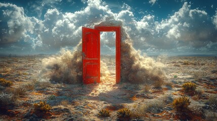 Surreal red door in desert landscape with dust clouds under vibrant sky and dramatic lighting