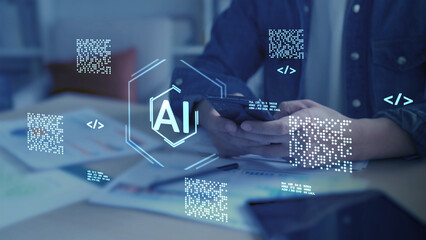 Computer coding prompt cyber security futuristic artificial intelligence in business finance, AI-powered analyze big data, showing charts and performance metrics for strategic planning.