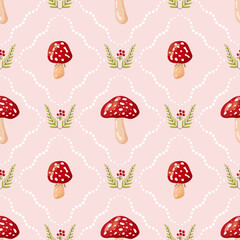 Seamless vector pattern with fly agaric mushrooms, autumn leaves, and forest foliage. Ideal for textiles, fabric, wallpapers, and wrapping paper with a seasonal rustic woodland theme