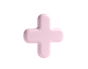 A 3D rendering of a rounded pink plus sign on a stark black background