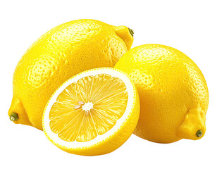 Three vibrant lemons, one sliced open, isolated on black